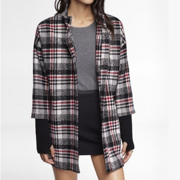 Express Plaid Ribbed Sleeves Wool Cocoon Jacket - Picture 1 of 14